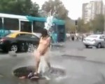 Crazy lady in fountain